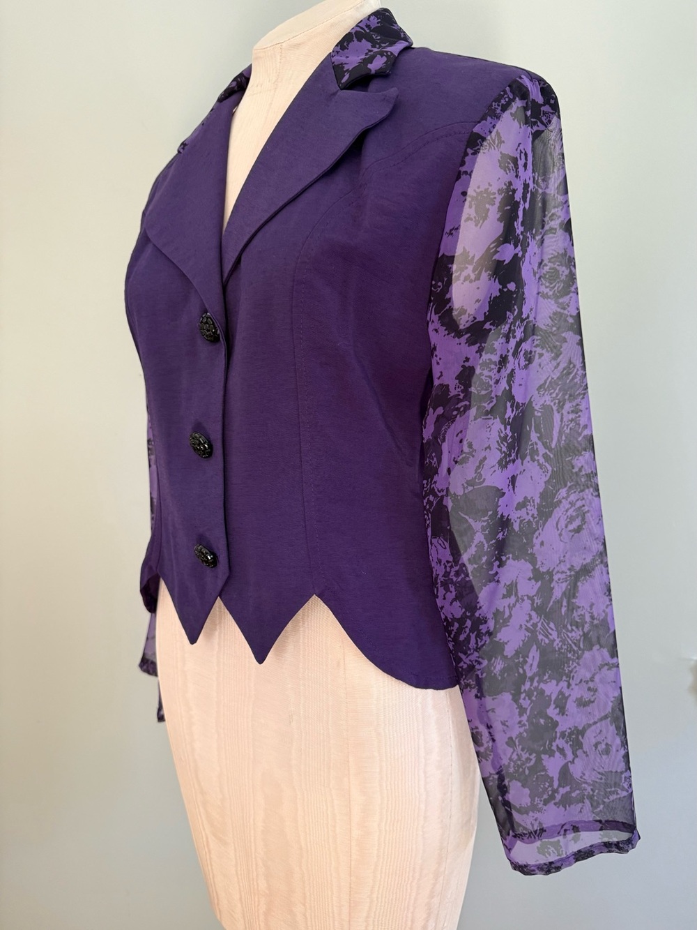 VTG Le Chateau Purple Figure Fitted Sheer Sleeves Top - Picture 9 of 13